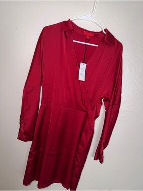 Guess Red Long Sleeve Wrap Dress